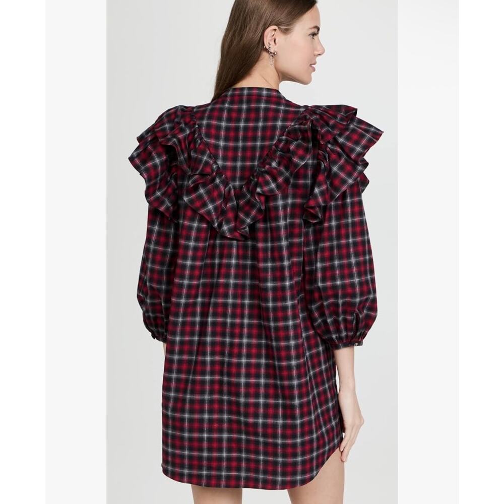 New something navy ruffle plaid button up dress long sleeve sz XS $165 - Picture 3 of 9